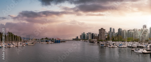 Panoramic View of Coal Harbour, Marina and Stanley Park. Sunset Sky Art Render. Downtown Vancouver, British Columbia, Canada. © edb3_16