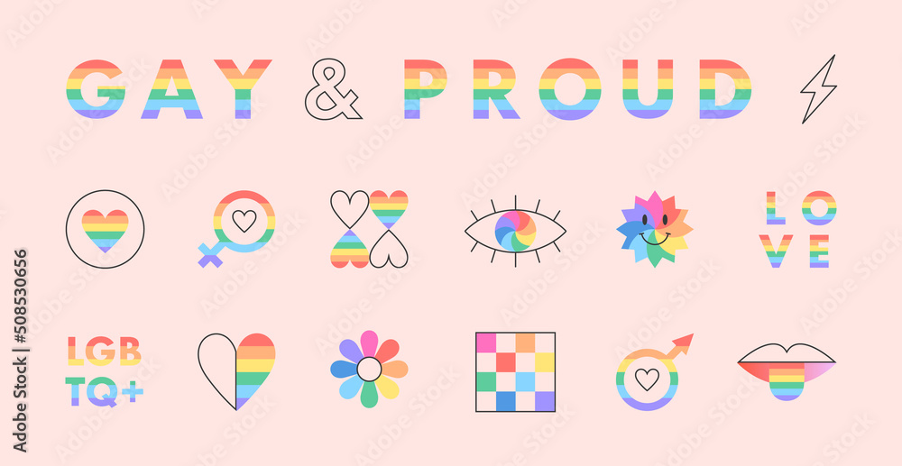 Pride month signs or symbols represents LGBTQ+ community.Vector lgbt emblems set in rainbow colors.Flag,gender signs,hearts.Human rights movement concept.Gay parade.Colorful stickers or patches.