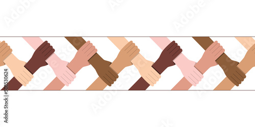 Horizontal seamless pattern of hands holding each other strongly. Teamwork concept. Great for various youth, multicultural and business organization purposes. Vector illustration