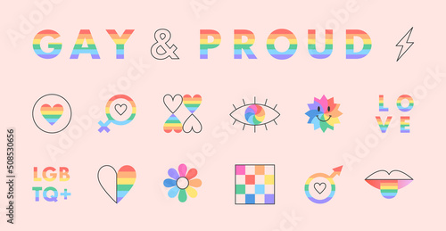 Pride month signs or symbols represents LGBTQ  community.Vector lgbt emblems set in rainbow colors.Flag gender signs hearts.Human rights movement concept.Gay parade.Colorful stickers or patches.