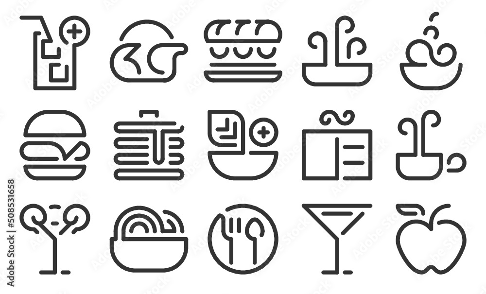 Food and drinks icon set. Black outline set of food and drinks for menu ...