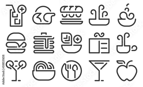 Food and drinks icon set. Black outline set of food and drinks for menu, web and applications.