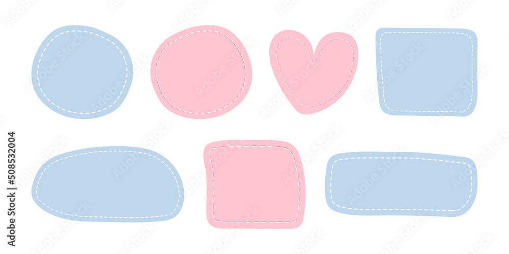 Set patches of different shapes with dotted line. Pastel templates, place for text or photo frames. Decorative vector elements isolated on white background. Blue and pink dotted patches. Set patches of different shapes with dotted line. Pastel templates, place for text or photo frames. Decorative vector elements isolated on white background. Blue and pink dotted patches.