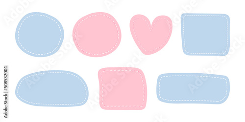 Set patches of different shapes with dotted line. Pastel templates, place for text or photo frames. Decorative vector elements isolated on white background. Blue and pink dotted patches.
