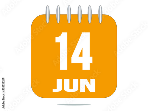 14 day of the month. 14 June. Yellow calendar daily icon.
