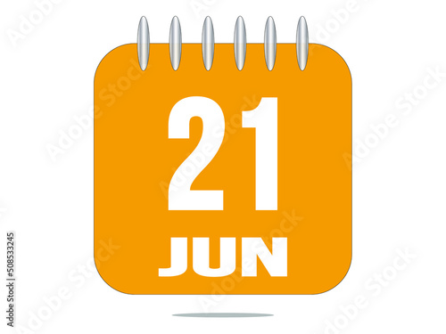21 day of the month. 21 June. Yellow calendar daily icon.