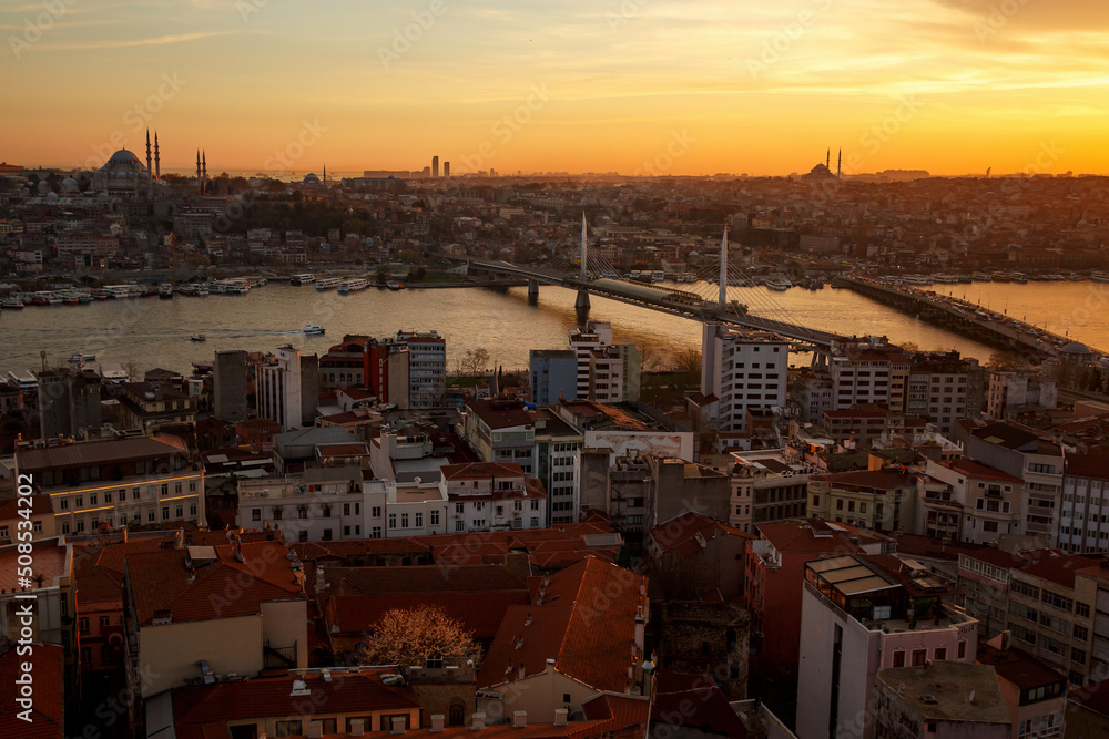 Bridges and view of old districts of Istanbul from Galata tower,