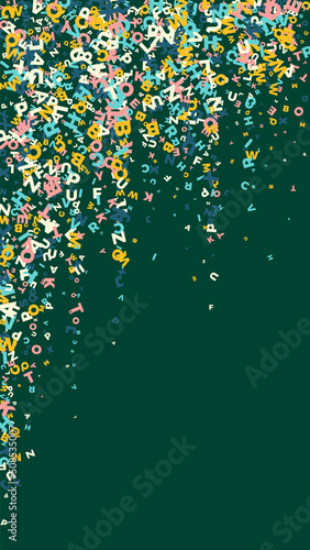Falling letters of English language. Light flying words of Latin alphabet. Foreign languages study concept. Brilliant back to school banner on blackboard background.
