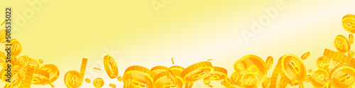 Bitcoin, internet currency coins falling. Breathtaking scattered BTC coins. Cryptocurrency, digital money. Positive jackpot, wealth or success concept. Vector illustration.