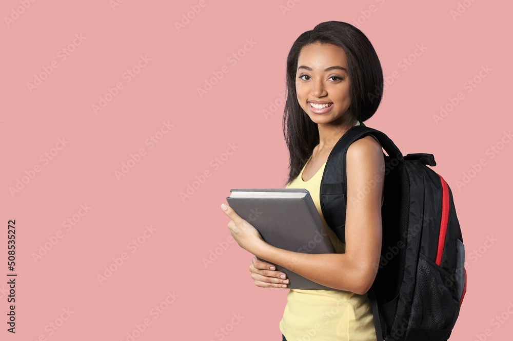Young fun student woman wear shirt holding books notebooks Young fun student woman wear shirt holding books notebooks
