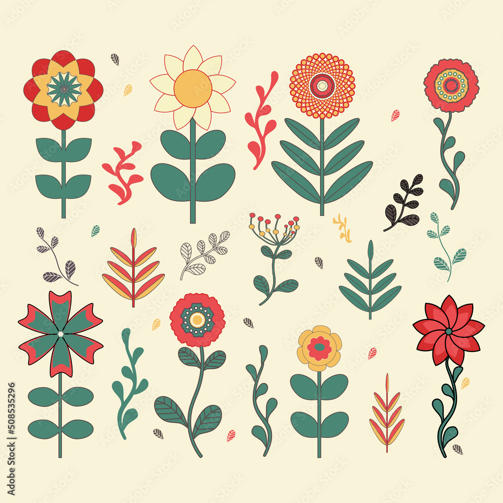 Beautiful set of colorful flower decorative elements on light background Flower icon Vector illustration