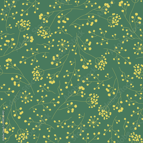 Seamless vector pattern of the dry herbs. Fennel flowers hand drawn. Textile green and yellow background with dill, wildflowers and plants