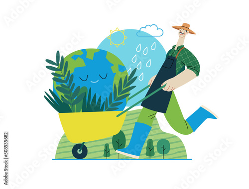 Ecology - Save the planet -Modern flat vector concept illustration of a gardener wearing a hat, apron and boots carrying a garden cart with a globe inside. Creative landing web page illustartion