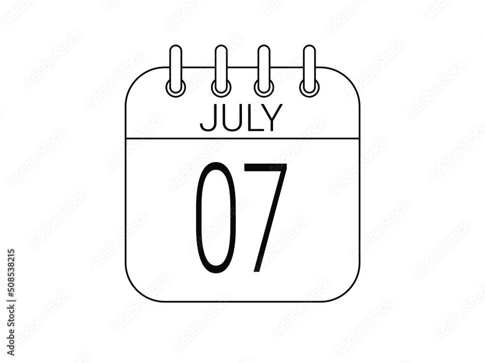 Day 7 July. Simple 7 black calendar icon with white background. Day 7 July. Simple 7 black calendar icon with white background.
