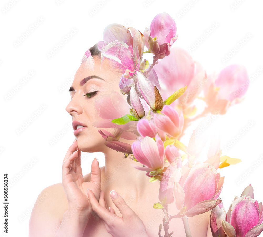 Beautiful young woman with silky skin after spa treatment on white background Beautiful young woman with silky skin after spa treatment on white background