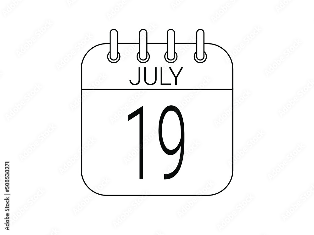Day 19 July. Simple 19 black calendar icon with white background. Day 19 July. Simple 19 black calendar icon with white background.