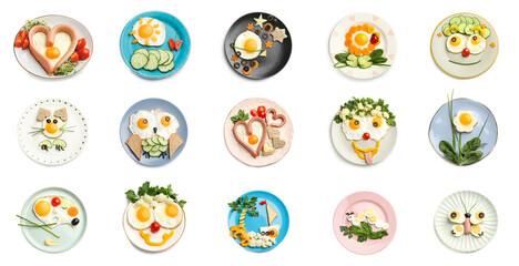 Set of funny food for little kids on white background, top view