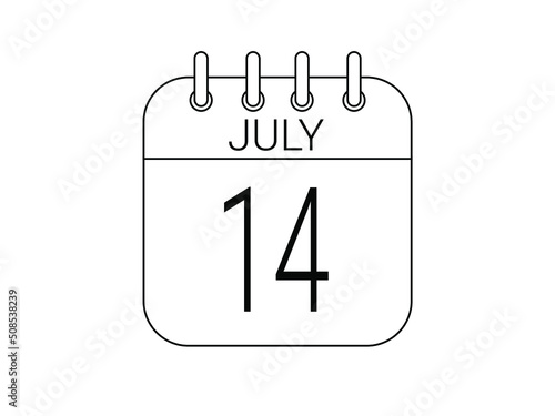 Day 14 July. Simple 14 black calendar icon with white background.