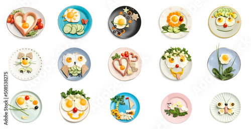 Set of funny food for little kids on white background, top view