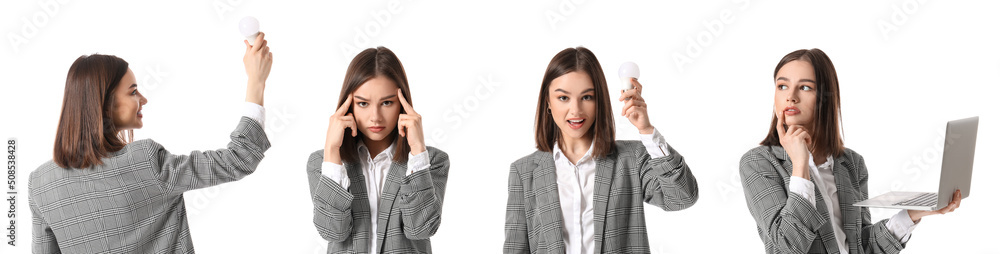 Set of young businesswoman with light bulbs and laptop on white background. Concept of idea Set of young businesswoman with light bulbs and laptop on white background. Concept of idea