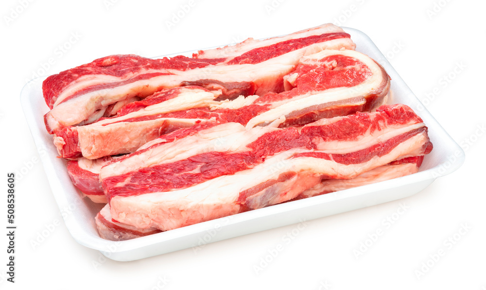 Sliced brisket beef isolated on white background, Sliced lean meat red beef on White With clipping path.