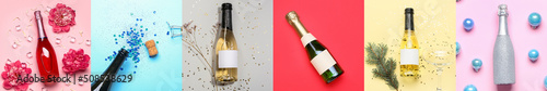 Fotografia Set of champagne bottles and Christmas decor, top view