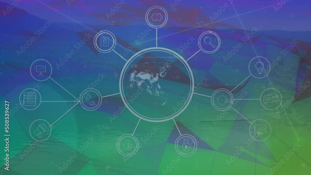 Animation of network of connections with icons over shapes Animation of network of connections with icons over shapes