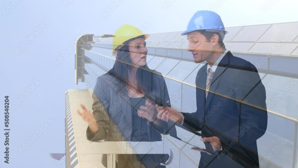 Animation of a construction site over a group of caucasian engineers Animation of a construction site over a group of caucasian engineers