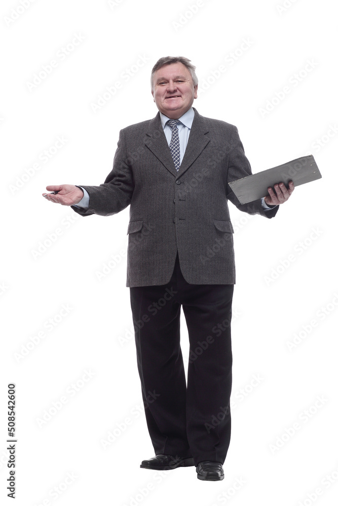 in full growth.friendly business man with clipboard . in full growth.friendly business man with clipboard .