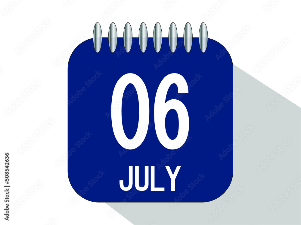 Day calendar with date July 6. July month calendar banner in blue. Day calendar with date July 6. July month calendar banner in blue.