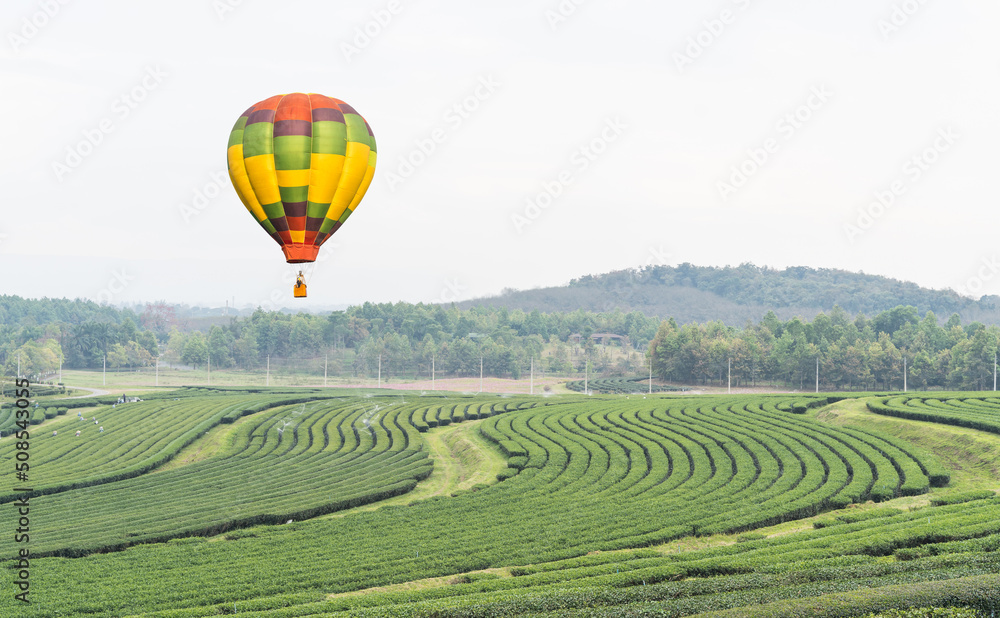 Naklejka premium hot air balloon in the mountains