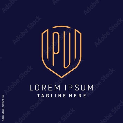 Letter PU monogram logo shield shape with luxury monoline style