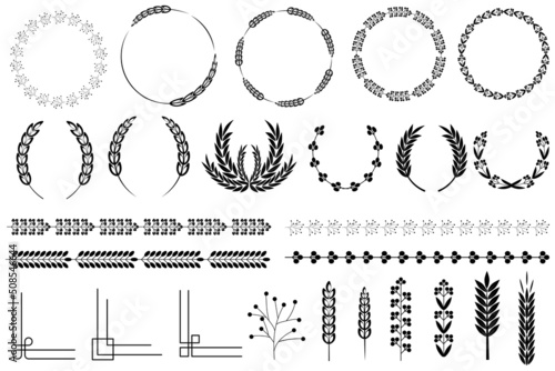 Wreaths spikelets set. Wedding logo. Vintage floral illustration. Floral branch. Vector illustration. Stock image.