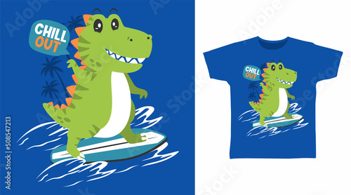 Dinosaur surf cartoon tshirt and apparel designs