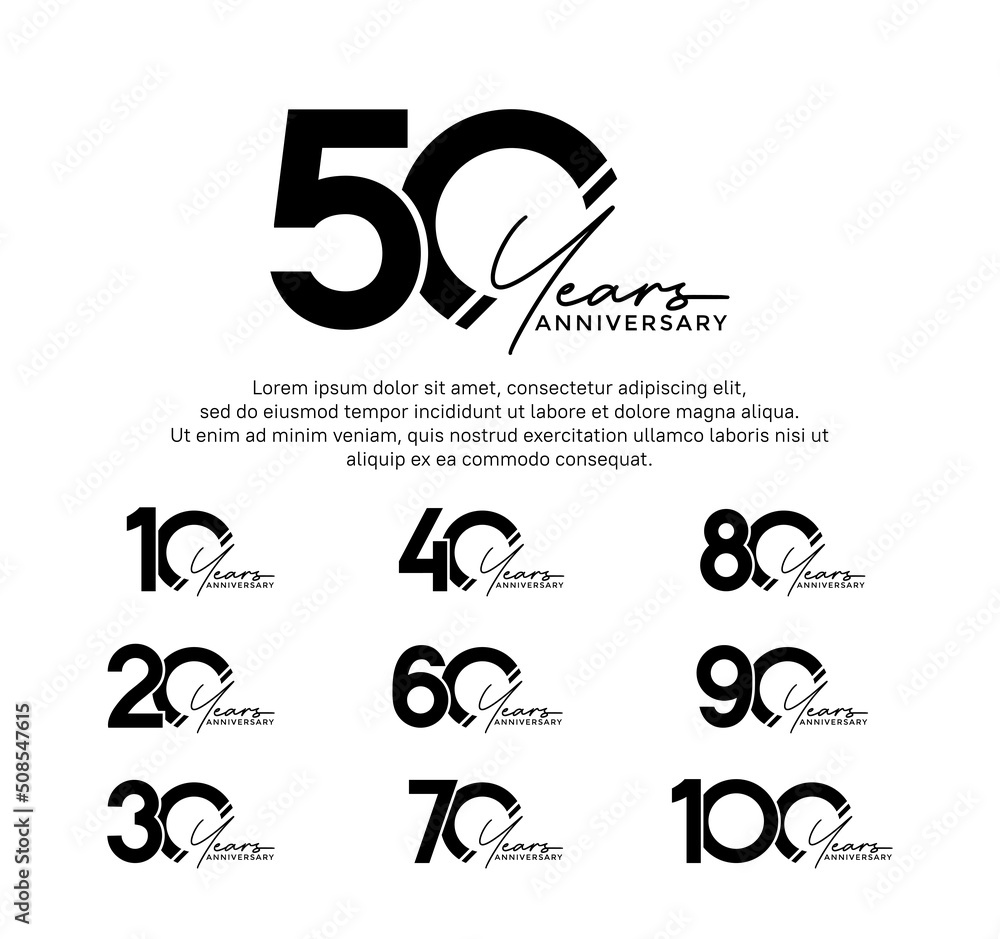 set anniversary flat black color logotype style with hand lettering on white background - obrazy, fototapety, plakaty 