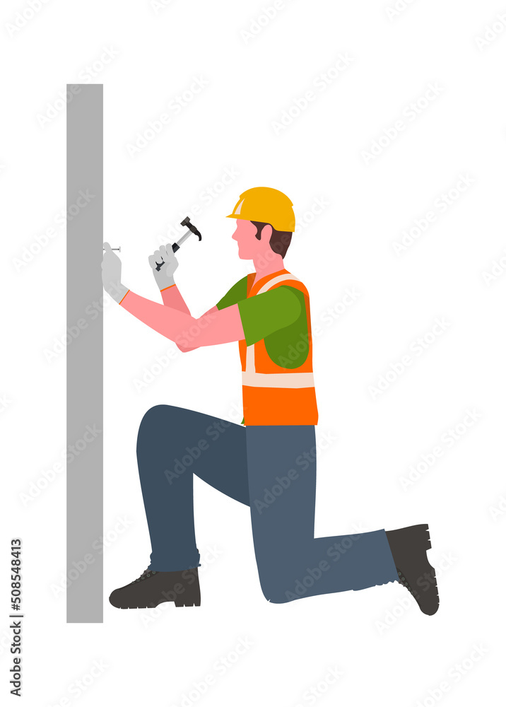 Construction worker hammering nail into wall. Simple flat illustration. Construction worker hammering nail into wall. Simple flat illustration.