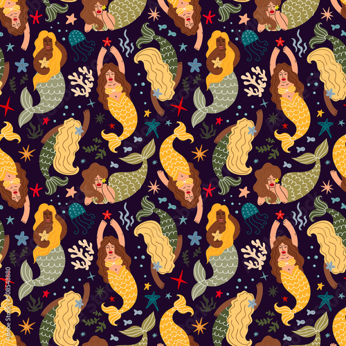 Seamless pattern with mermaids and marine life.Mermaids seamless background. Vector illustration