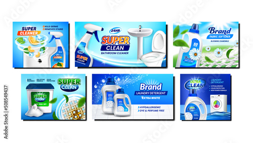 Detergent Creative Promotional Posters Set Vector. Detergent Powder And Blank Sprayer For Cleaning Pile And Washing Clothing On Advertising Banners. Style Concept Template Realistic 3d Illustrations photo