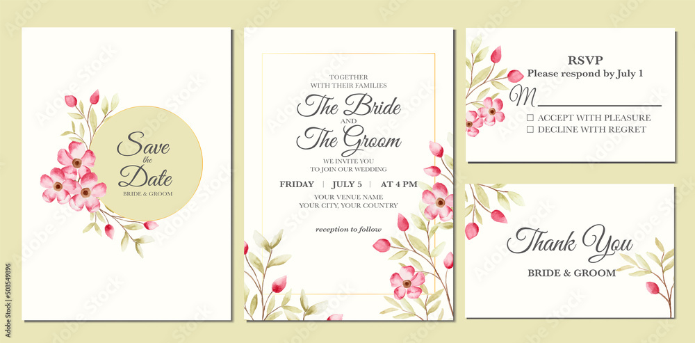 Hand painted of flower watercolor as wedding invitation .