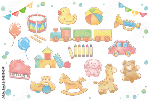 水彩イラスト、子供のおもちゃ素材セット。ベクターイラスト素材。