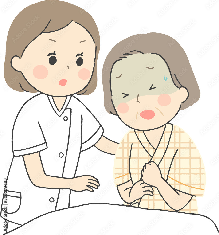 胸を押さえて苦しむ入院患者 胸を押さえて苦しむ入院患者