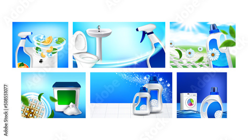 Detergent Creative Promotional Posters Set Vector. Detergent Powder And Blank Sprayer For Cleaning Pile And Washing Clothing On Advertising Banners. Style Concept Template Realistic 3d Illustrations