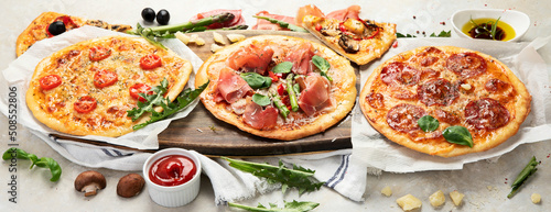 Set of delicious homemade pizzas.