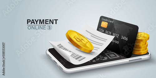 Bill of expenses is on mobile phone.Pay bills with mobile phone.Online shopping spending.Online shopping via smartphone.Bill payment flat isometric vector concept of mobile payment, shopping, banking.