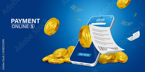 Bill of expenses is on mobile phone.Pay bills with mobile phone.Online shopping spending.Online shopping via smartphone.Bill payment flat isometric vector concept of mobile payment, transfer, banking.