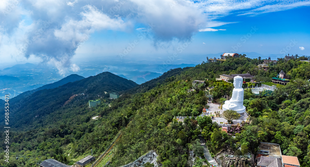 Aerial view of Da Nang Ba Na hills with Golden bridge, Helios Waterfall ...