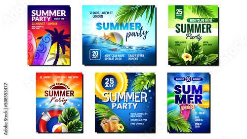 Summer Party Creative Promo Posters Set Vector. Music Summer Party At Seashore Or Swimming Pool Advertise Banners. Event For Enjoy Drinks And Vacation Style Concept Template Realistic 3d Illustrations