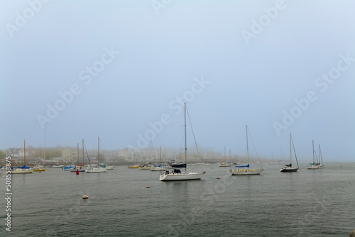 Elegant and modern sailboats moored to a pier in a yacht marina. Thick white fog. High-quality photo