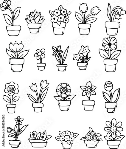hand draw floral with pot and botanical icon,elements,hand drawn,doodle,clipart.vector illustration