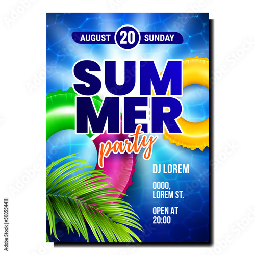 Summer Party At Swimming Pool Promo Banner Vector. Recreation Summer Party, Enjoying Swim In Water With Lifebuoy Advertising Poster. Style Concept Template Realistic 3d Illustration